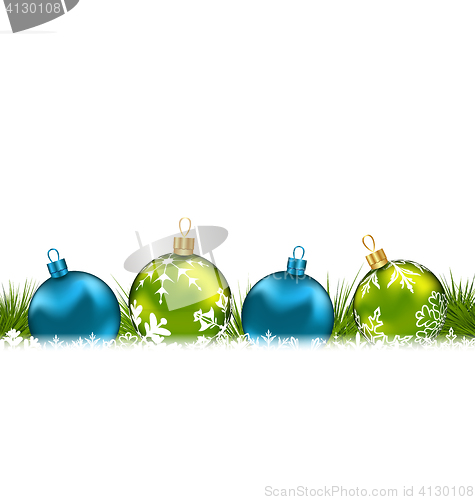 Image of Winter greeting postcard with colorful glass balls