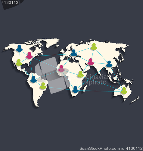 Image of Social connection on world map with people icons, flat style des