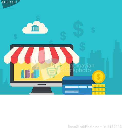 Image of Concept of online shop, flat icons of computer, credit card and 
