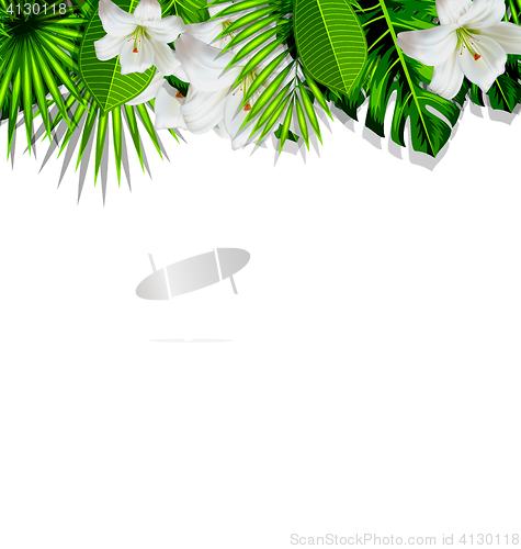 Image of Frame branch tropical leaves and white flowers lily