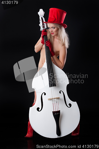 Image of Young Nude Woman With Contrabass