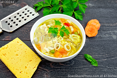 Image of Soup Minestrone in white bowl on black board