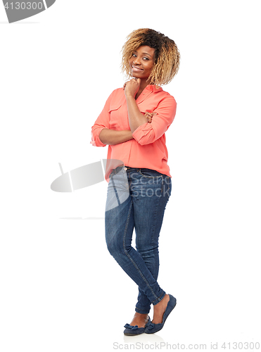 Image of happy african american young woman over white