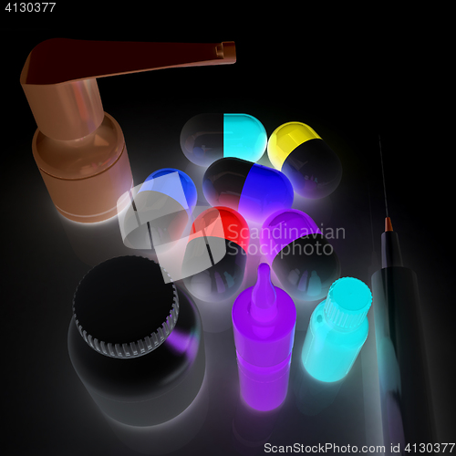 Image of Syringe, tablet, pill jar. 3D illustration