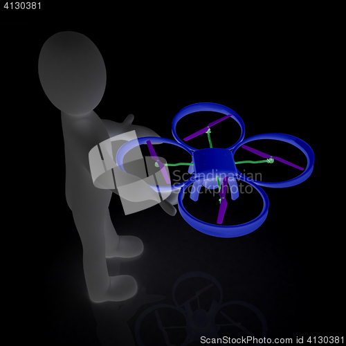 Image of 3d man with drone, quadrocopter, with photo camera. 3d render. 3