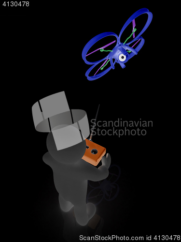 Image of 3d man with drone, quadrocopter, with photo camera. 3d render. 3