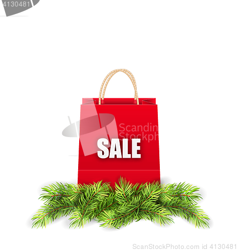 Image of Christmas Shopping Sale Bag with Fir Branches