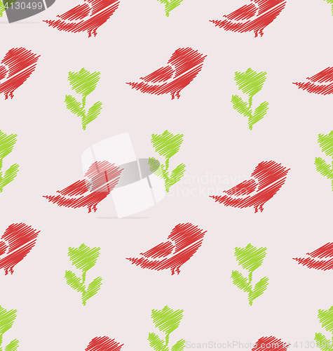 Image of Floral Seamless Pattern with Abstract Birds and Flowers