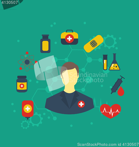 Image of Doctor with medical icons for web design, modern flat style