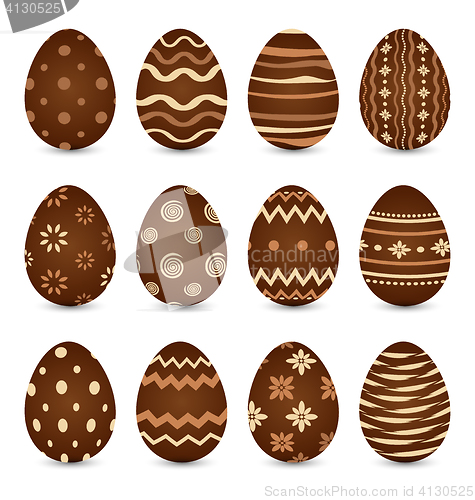 Image of Easter set chocolate ornate eggs with shadows isolated on white 