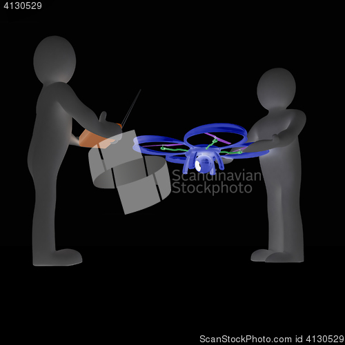 Image of 3d man with drone, quadrocopter, with photo camera. 3d render. 3