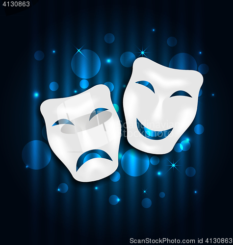 Image of Comedy and tragedy theatre masks on blue shimmering  background