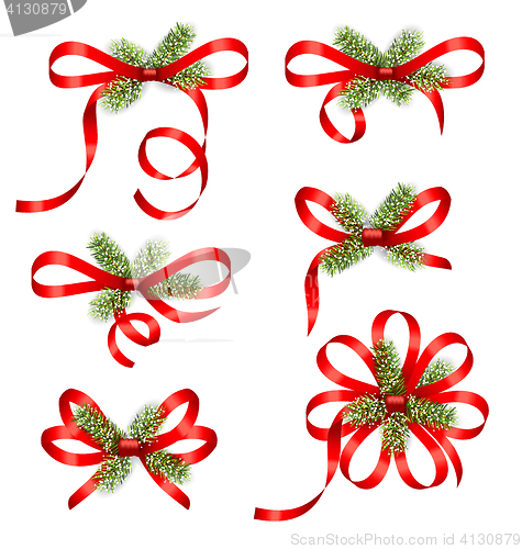 Image of Bow Ribbons with Fir Branches Isolated