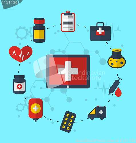 Image of Tablet pc with medical icons for web design, modern flat style 