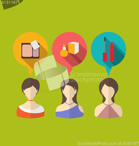 Image of Three woman with speech and thought bubbles, flat modern icons