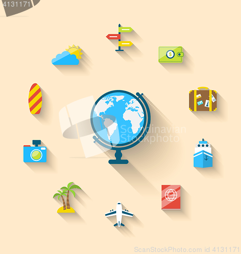 Image of Flat set icons of globe and journey vacation, simple style with 