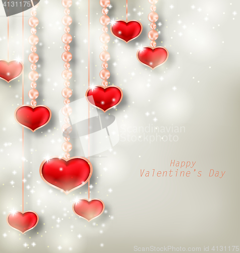 Image of Glowing Background with Hanging Hearts for Valentine Day