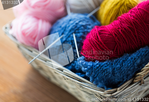 Image of basket with knitting needles and balls of yarn