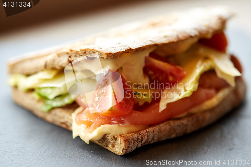Image of salmon panini sandwich on stone plate