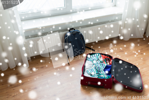 Image of close up of travel bag with clothes and backpack