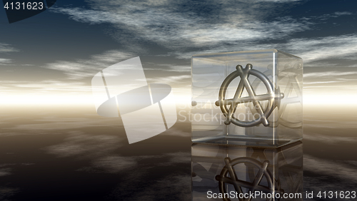 Image of metal anarchy symbol in glass cube - 3d rendering