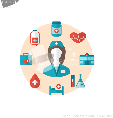 Image of Nurse with medical icons for web design, modern flat style