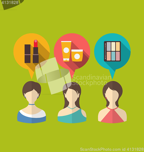 Image of Flat icons of three woman with speech and thought bubbles