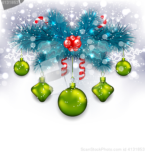 Image of Christmas traditional decoration with fir branches, glass balls 