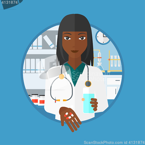 Image of Pharmacist giving pills and glass of water.