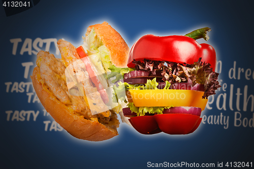 Image of Healthy sandwich with fresh pepper, onion, salad lettuce. Detox diet.