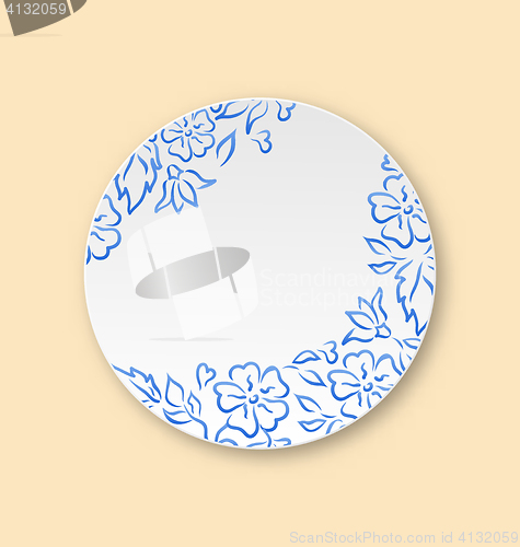 Image of White plate with hand drawn floral ornament, empty ceramic plate