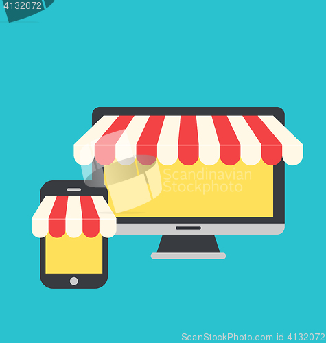 Image of Concept of online shop, e-commerce, flat icons style of computer
