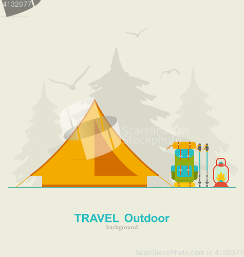 Image of Travel Camping Background with Tourist Tent, Backpack, Lantern and Trekking Pole