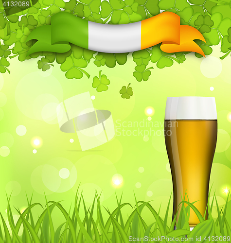 Image of Glowing nature background with glass of beer, clovers, grass and