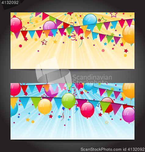 Image of Abstract banners with colorful balloons, hanging flags and confe