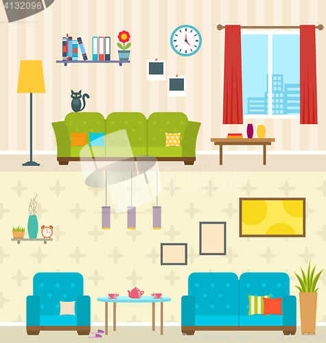 Image of Set of Interiors of Living Rooms. Decoration of Modern Apartments