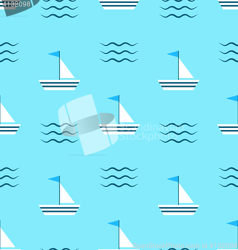Image of Seamless Pattern with Sail Boats on Blue Background with Delicat