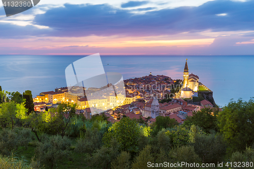 Image of Romantic colorful sunset over picturesque old town Piran, Slovenia.