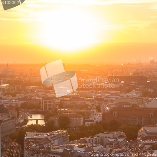 Image of Panoramic aerial view over Berlin in romantic colorful sunset.