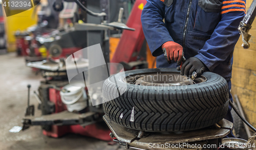 Image of Professional auto mechanic replacing tire on wheel in car repair service.