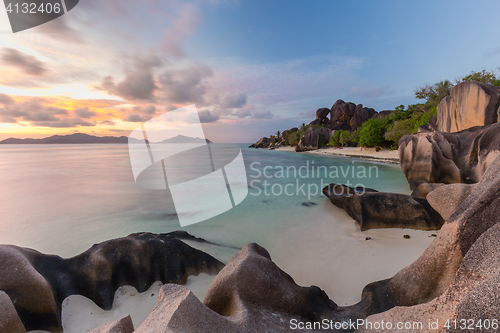 Image of Dramatic sunset at Anse Source d\'Argent beach, La Digue island, Seychelles