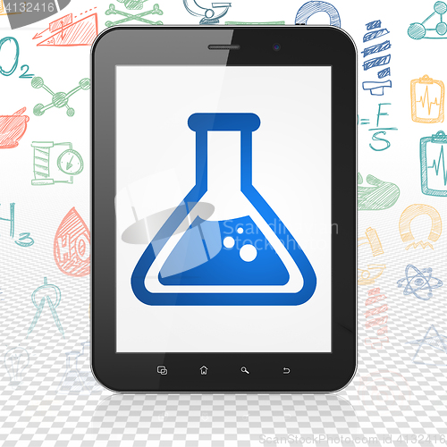 Image of Science concept: Tablet Computer with Flask on display