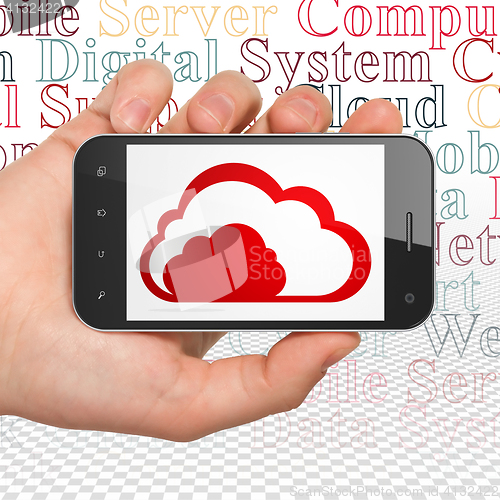 Image of Cloud computing concept: Hand Holding Smartphone with Cloud on display