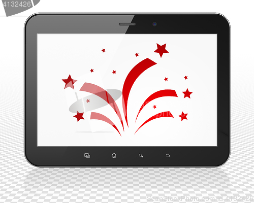 Image of Holiday concept: Tablet Pc Computer with Fireworks on display
