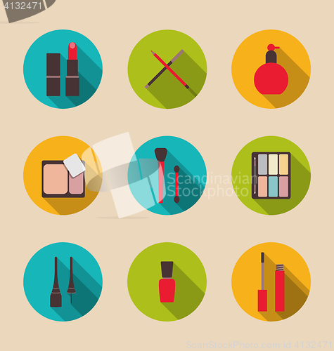 Image of Set beauty and makeup icons with long shadow, modern flat design