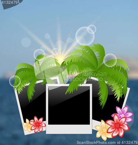 Image of Set photo frame with palms, flowers, on blurred seascape backgro