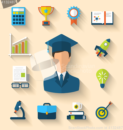 Image of Flat icons of magister and objects for high school and college e