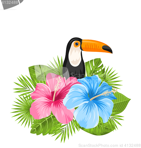 Image of Beautiful Exotic Nature Background with Toucan Bird, Colorful Hibiscus Flowers 