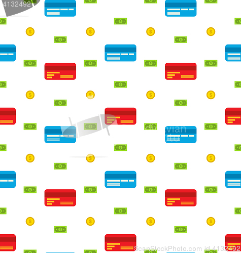 Image of Seamless Pattern with Credit cards, Bank Notes, Coins, Flat Finance Icons
