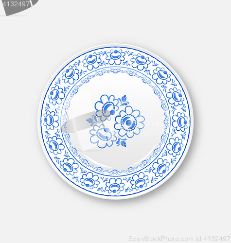 Image of White plate with russian ornament in gzhel style